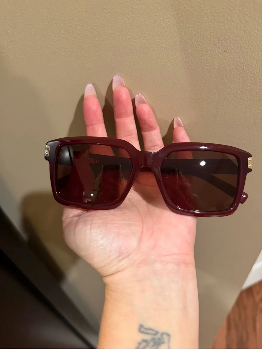 MCM Tan Leather Crossbody Pouch with Burgundy Sunglasses
